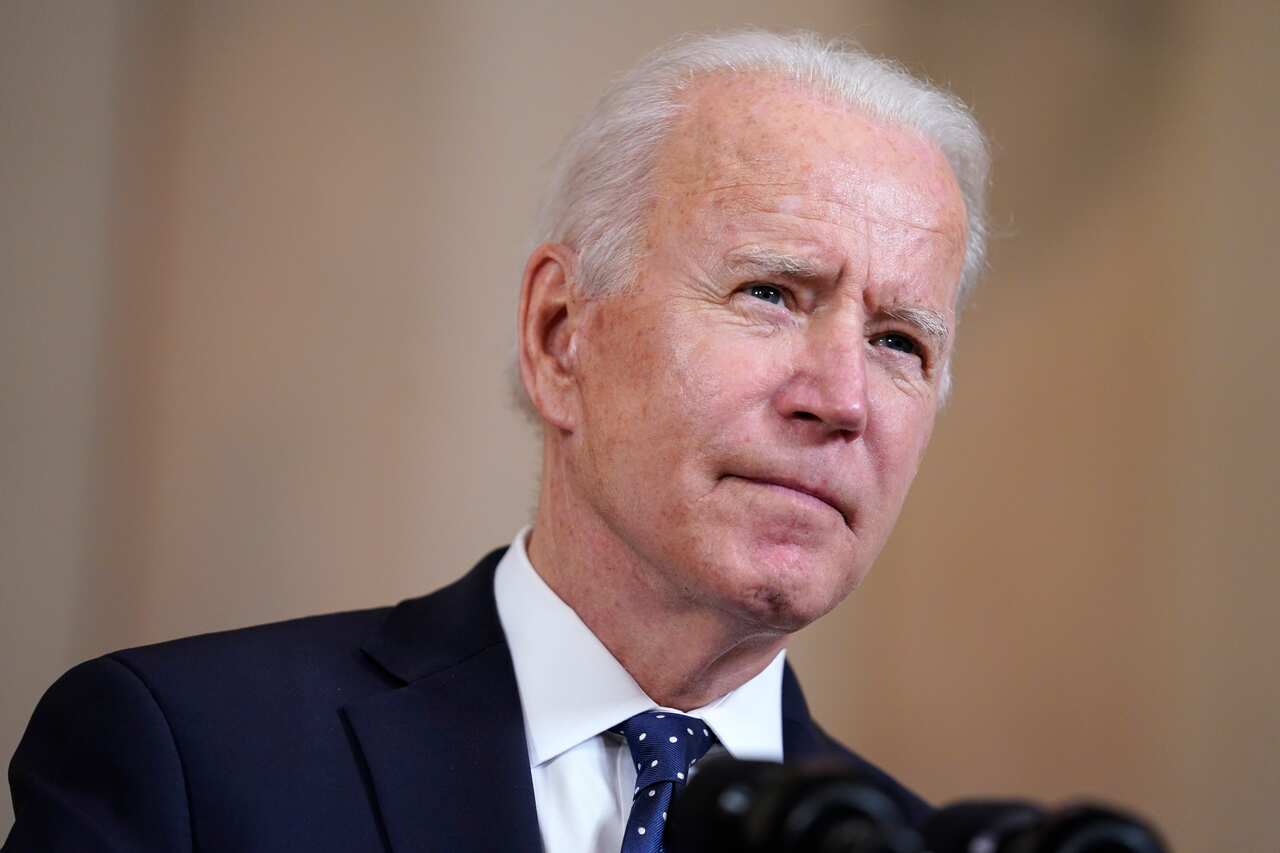 US President Joe Biden speaks Tuesday, 20 April, 2021, at the White House in Washington.