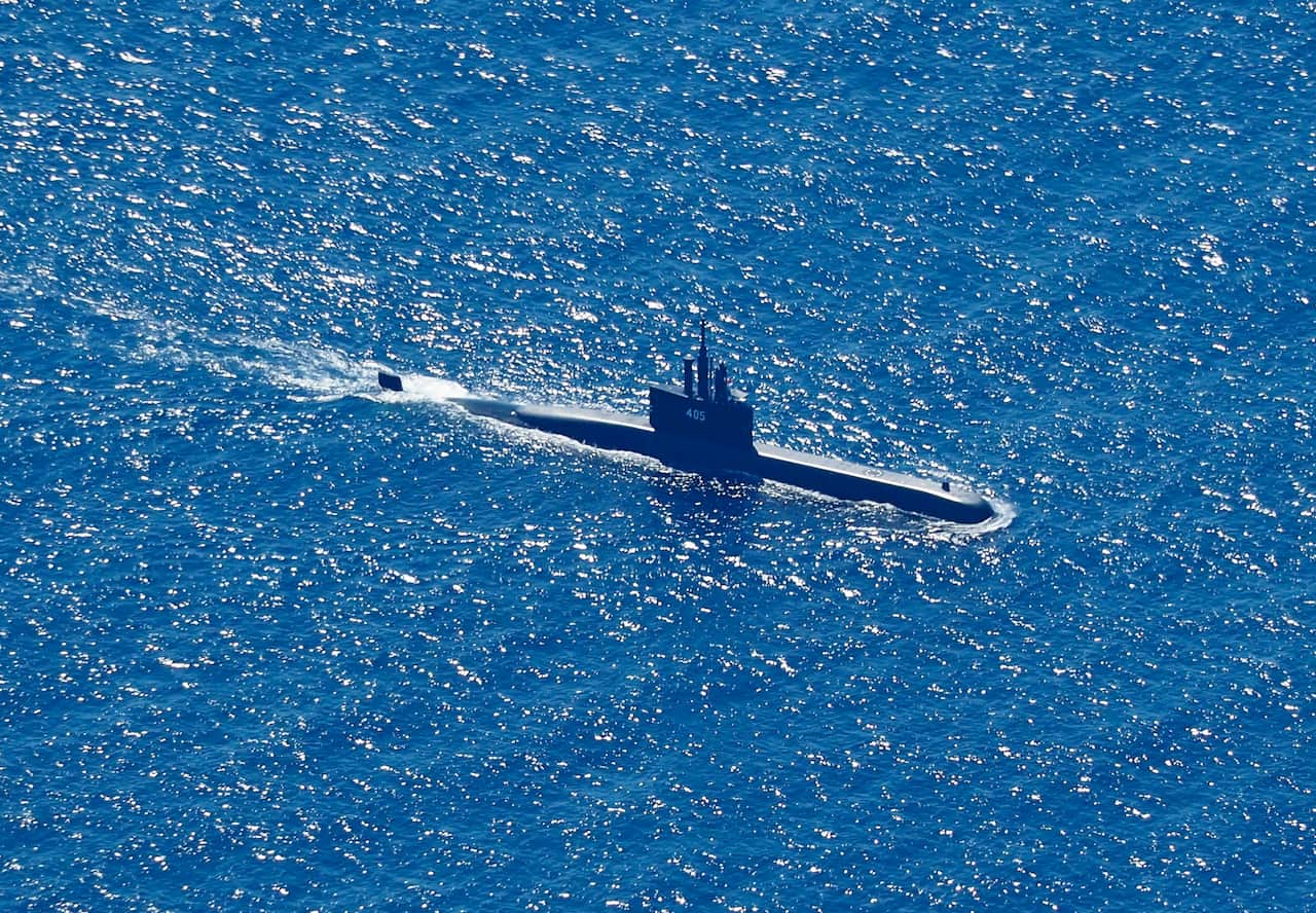 Indonesian Navy submarine KRI Alugoro is shown in the search mission for missing Navy submarine KRI Nanggala, off Bali Island, Indonesia, on 22 April.