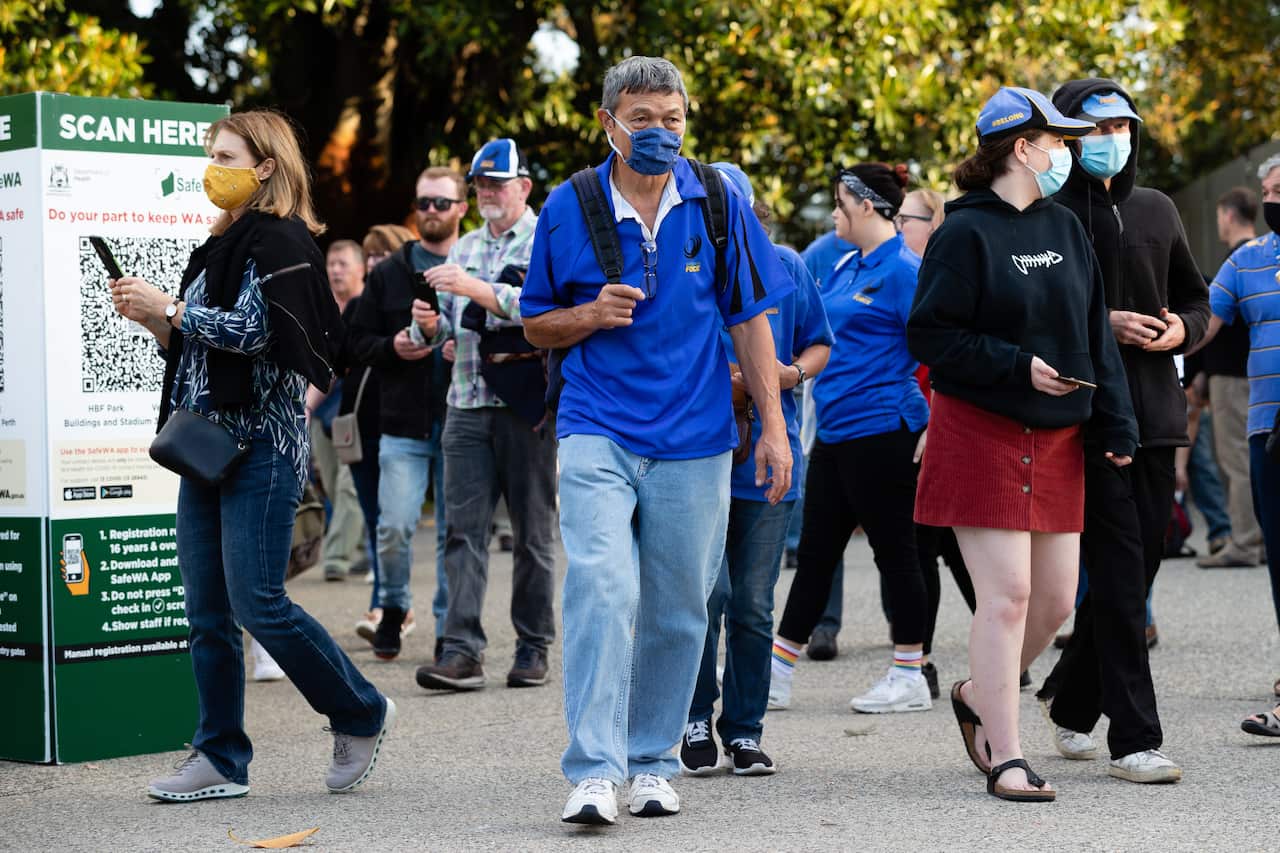 Western Force fans in masks arrive for the Super Rugby game between Western Force and the Queensland Reds at HBF stadium in Perth, Friday, 23 April, 2021. 