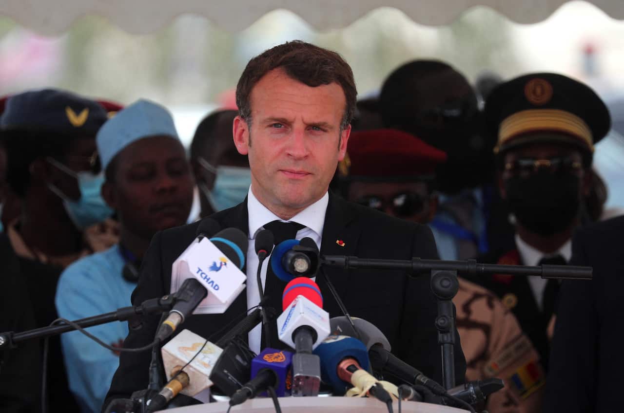 French President Emmanuel Macron delivers a speech during the state funeral of the late Chadian president Idriss Deby in N'Djamena, Chad, 23 April 2021.