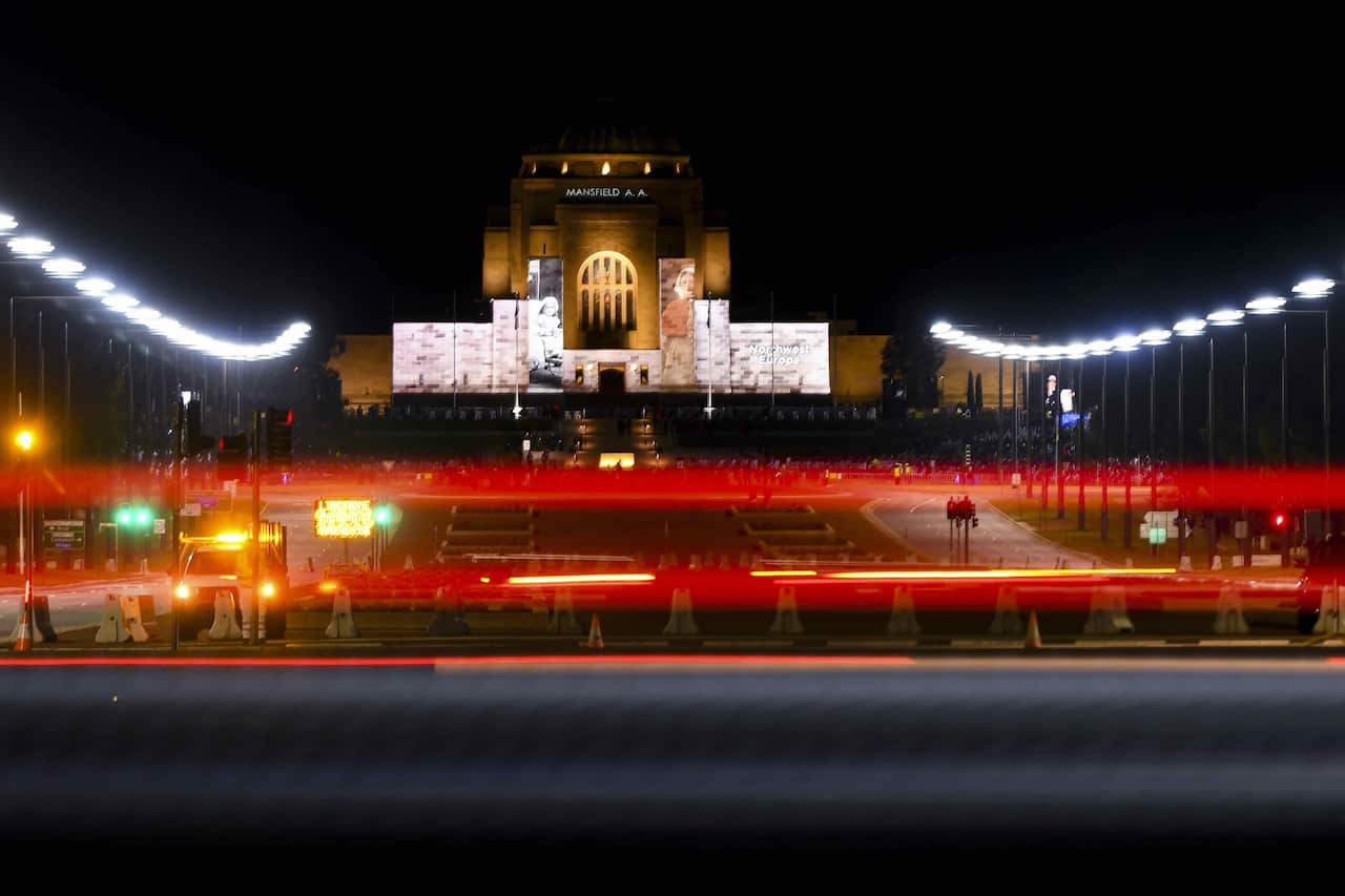 The Australian War Memorial during the Anzac Day Dawn Service at the Australian War Memorial in Canberra, 25 April 2021.