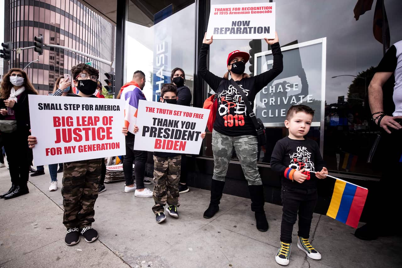 People take part in a demonstration to commemorate the 1.5 million Armenians killed in the Ottoman-era slaughter, near the Turkish consulate in Los Angeles, USA