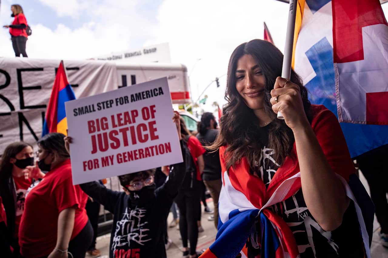 People take part in a demonstration to commemorate the 1.5 million Armenians killed in the Ottoman-era slaughter, near the Turkish consulate in Los Angeles.