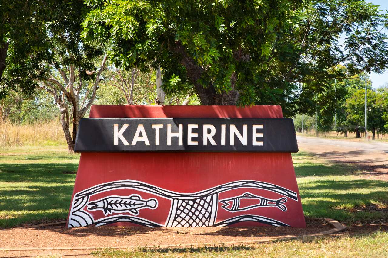 The welcome sign to Katherine, a town located southeast of Darwin, Northern Territory, Friday, 23 April, 2021.