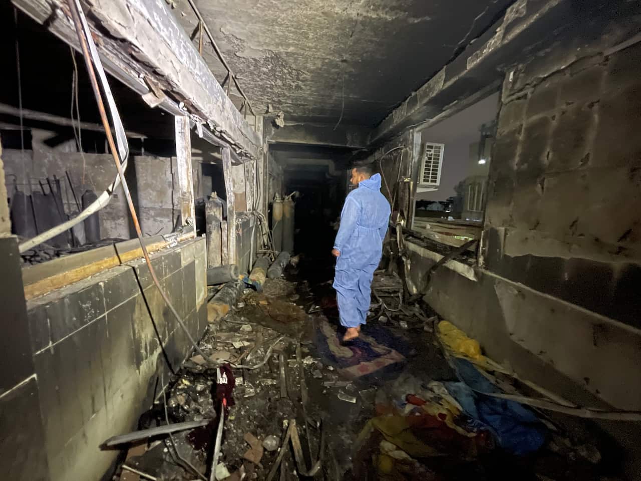 The aftermath of the fire at Ibn Al-Khatib Hospital on 25 April, 2021.