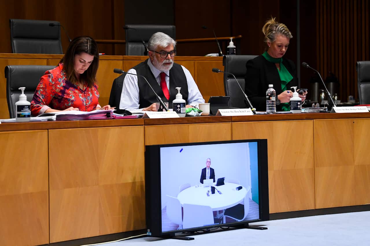 Chair of Australia Post Lucio Di Bartolomeo appears via video link before a Senate inquiry into changes at Australia Post at Parliament House in Canberra, Tuesday, April 27, 2021. (AAP Image/Lukas Coch) NO ARCHIVING