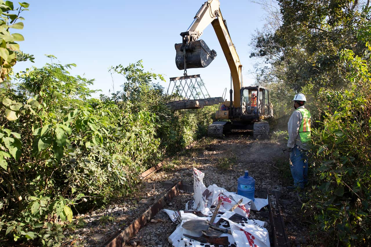 Tren Maya workers rip up old rails in the community of La Chiquita, state of Campeche, Mexico on 1 March, 2021. 