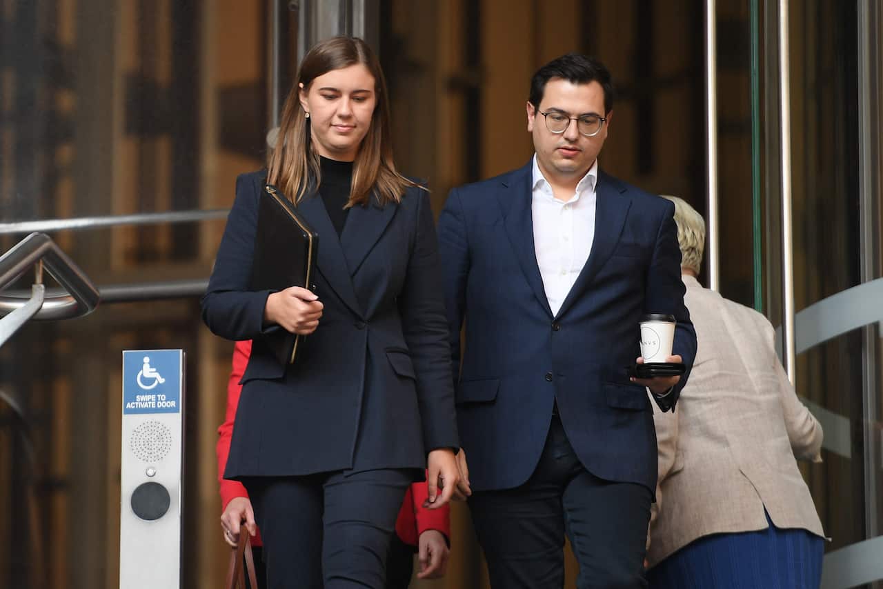 Brittany Higgins leaves the Commonwealth Parliamentary Offices after meeting with federal Labor leader Anthony Albanese in Sydney on Friday.