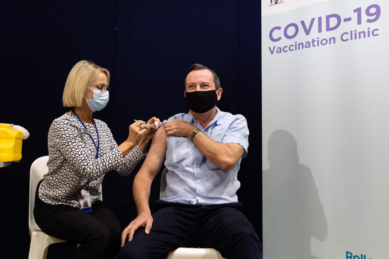 WA Premier Mark McGowan is seen receiving his first dose of the COVID-19 AstraZeneca vaccination in Perth, Monday, 3 May, 2021.