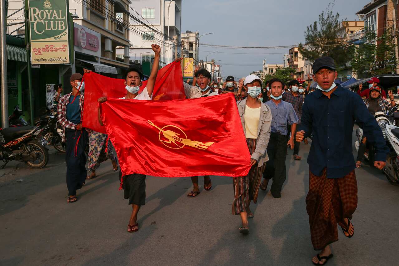Demonstrators during an anti-military coup protest in Mandalay, Myanmar, this week.