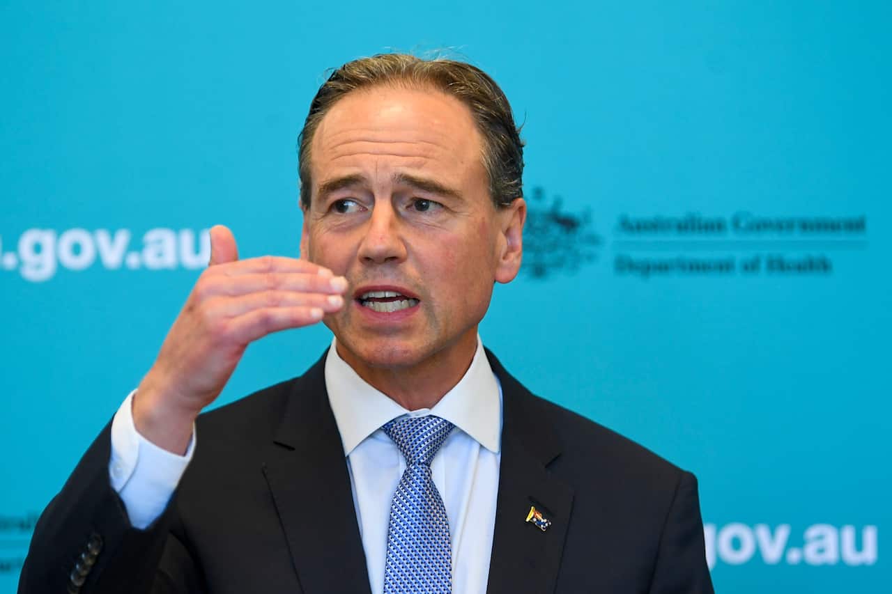 Australian Health Minister Greg Hunt speaks to the media during a press conference in Canberra, Monday, 10 May, 2021.
