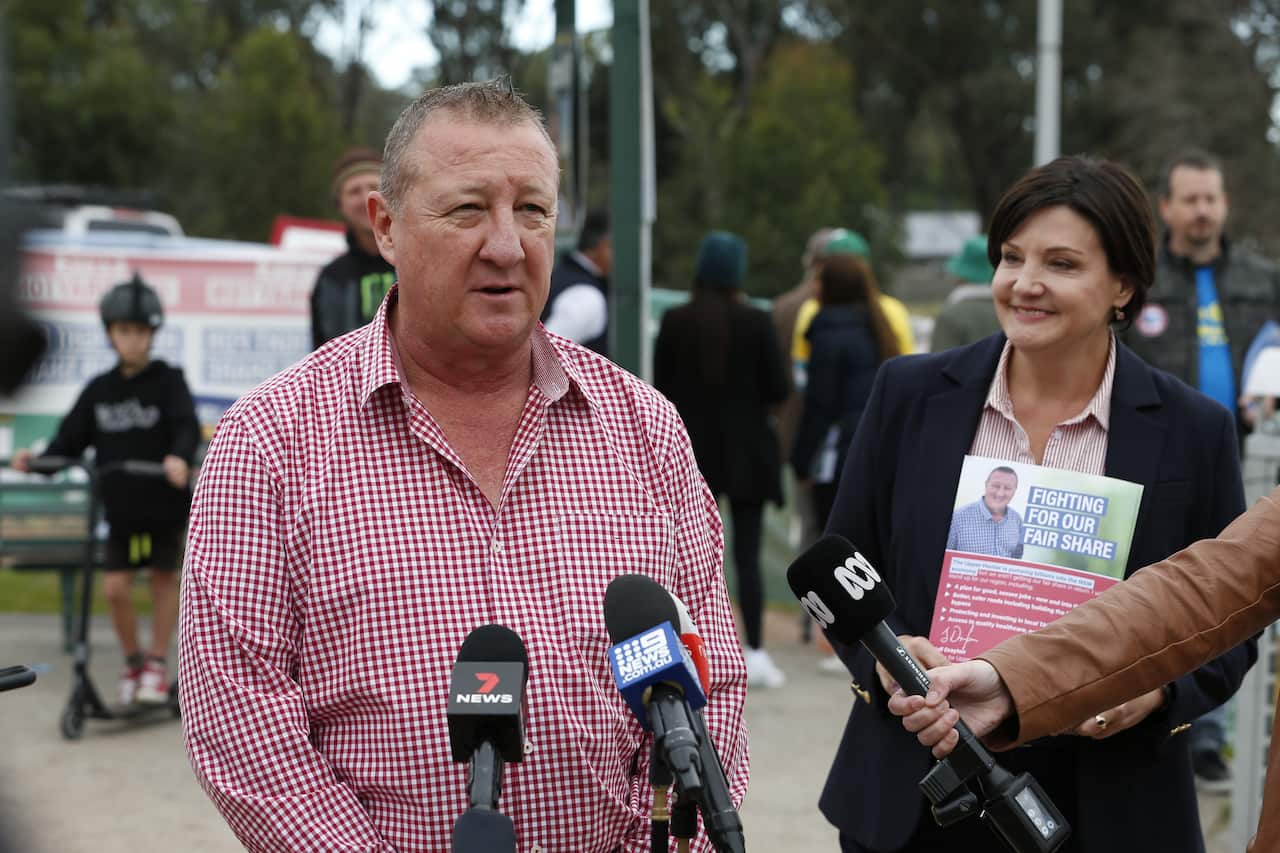 Labor candidate for Upper Hunter Jeff Drayton speaks to the media after casting his vote in the NSW Upper Hunter by-election in Muswellbrook.