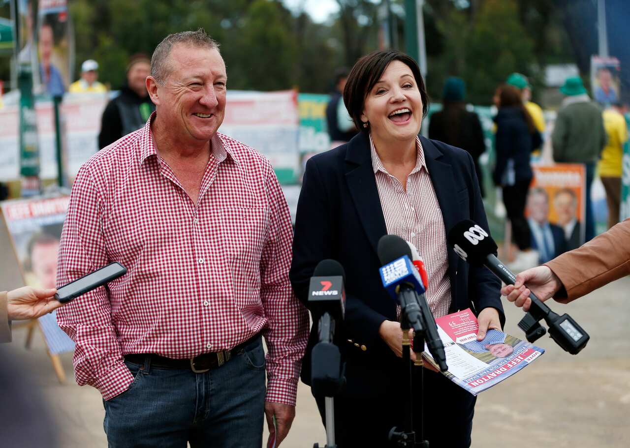 Labor candidate for Upper Hunter Jeff Drayton and NSW Opposition Leader Jodi McKay speak to the media on polling day in Muswellbrook on Saturday, 22 May.