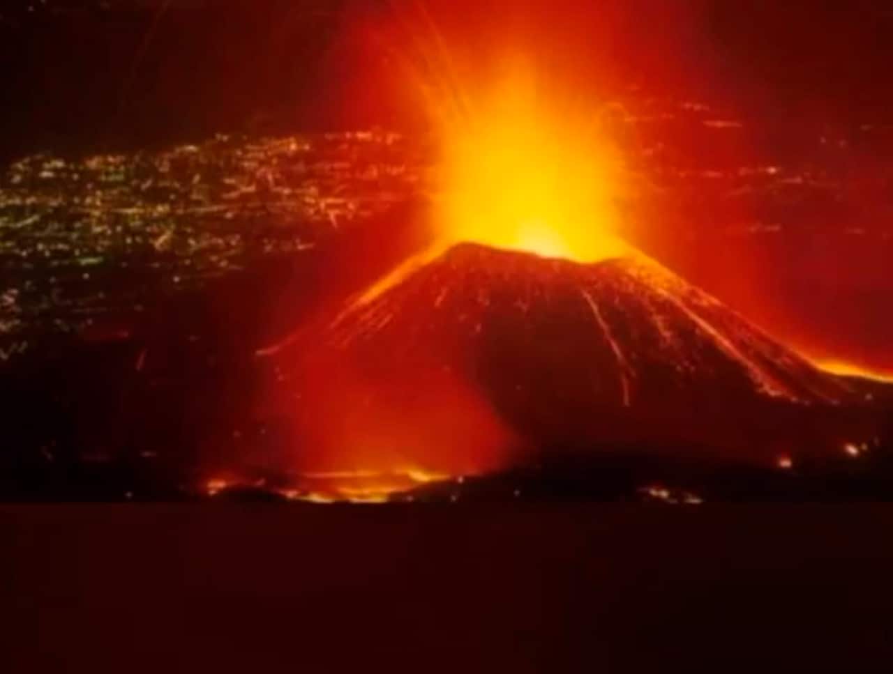 This image from video provided by Raphael Kaliwavyo Raks-Brun shows Mount Nyiragongo erupting, Saturday, 22 May, 2021 in Goma, Congo. 