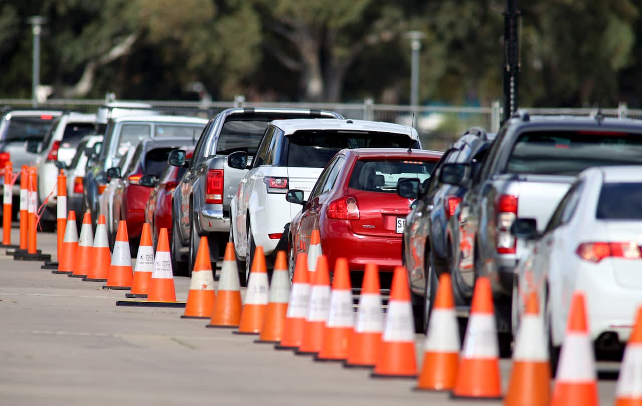 People waiting in their cars at the Covid-19 testing facility in Victoria Park, Adelaide, Wednesday, 26 May, 2021.