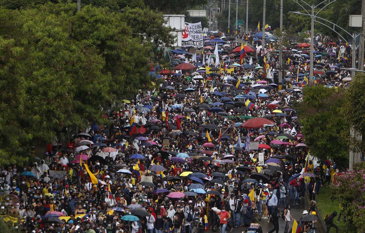 Protesters in Medellin, Colombia, Friday 28 May 2021