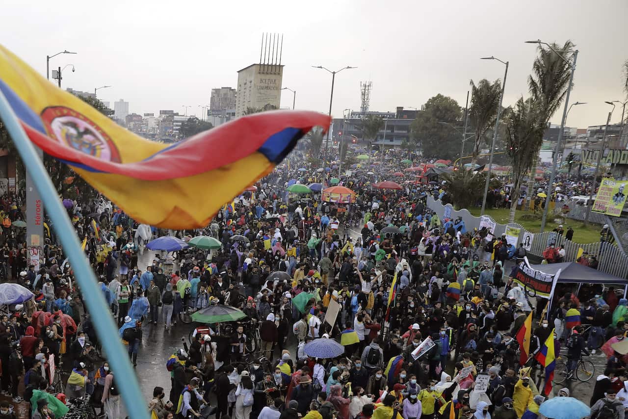 Thousands of Colombians gather at the Monument to the Heroes to mark one month of protests against the government and police violence, in Bogota, Colombia.