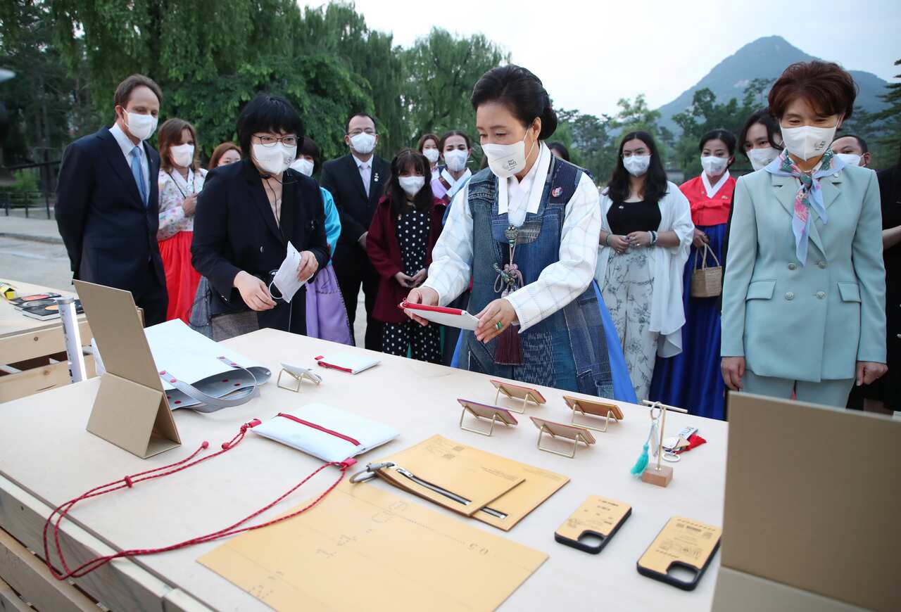 South Korean First Lady Kim Jung-sook attends an upcycled clothing exhibition as a sub-event of the P4G Seoul Summit.
