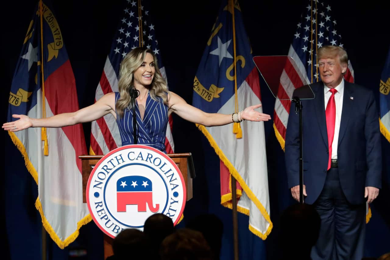 Former president Donald Trump listens as his daughter-in-law Lara Trump speaks at the Republican Convention Saturday 5 June, 2021, in Greenville, North Carolina