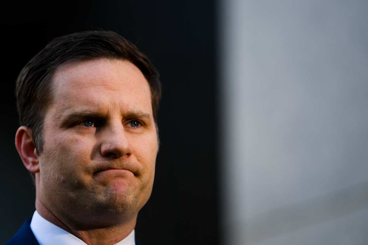 Australian Immigration Minister Alex Hawke speaks to the media during a press conference at Parliament House in Canberra, Tuesday, June 15, 2021. (AAP Image/Lukas Coch) NO ARCHIVING