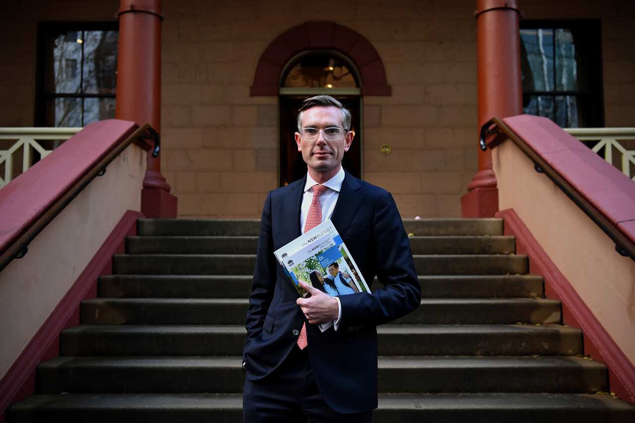 Treasurer Dominic Perrottet poses for a photo outside the NSW Parliament in Sydney, Monday, June 21, 2021. (AAP Image/Joel Carrett) NO ARCHIVING