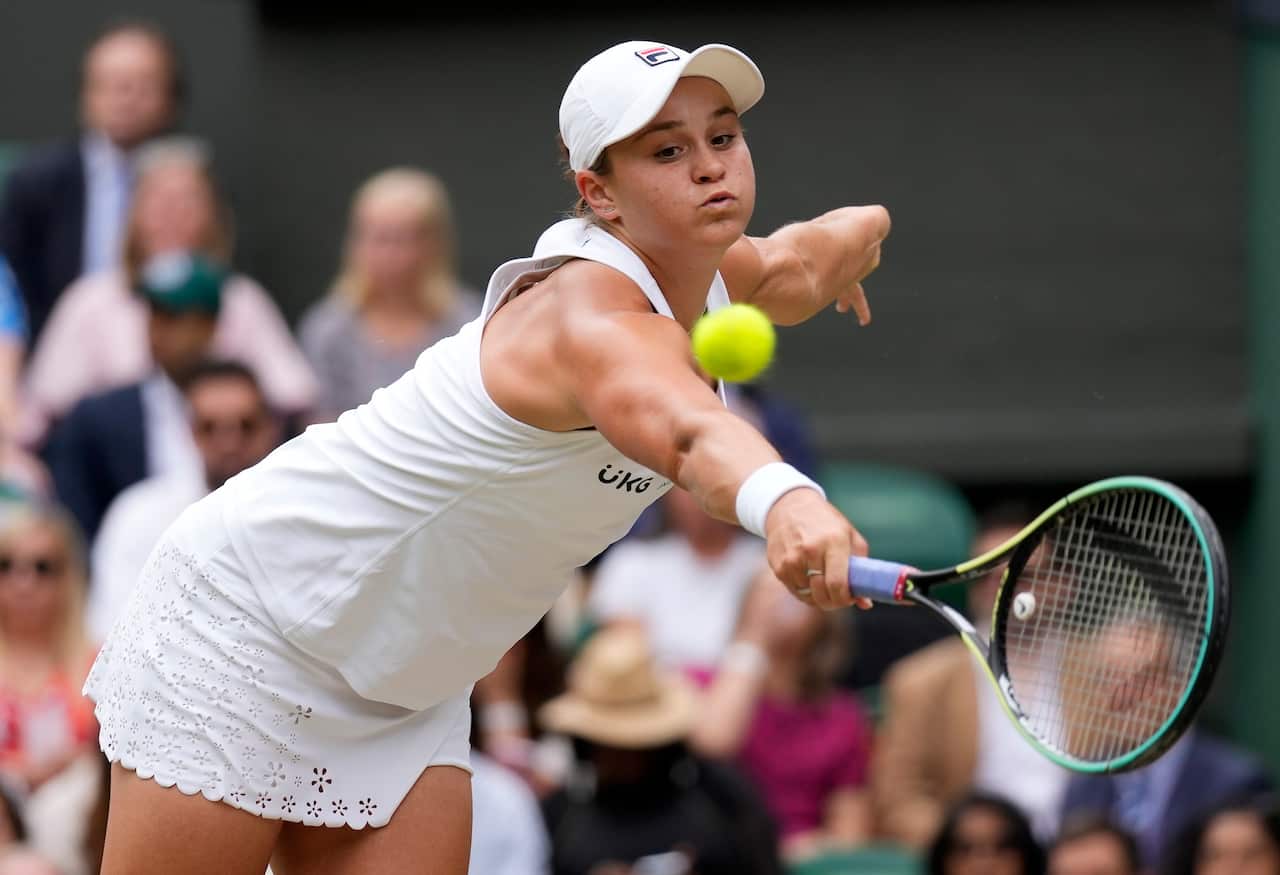 Ash Barty playing against Angelique Kerber during their women's semi final match at Wimbledon