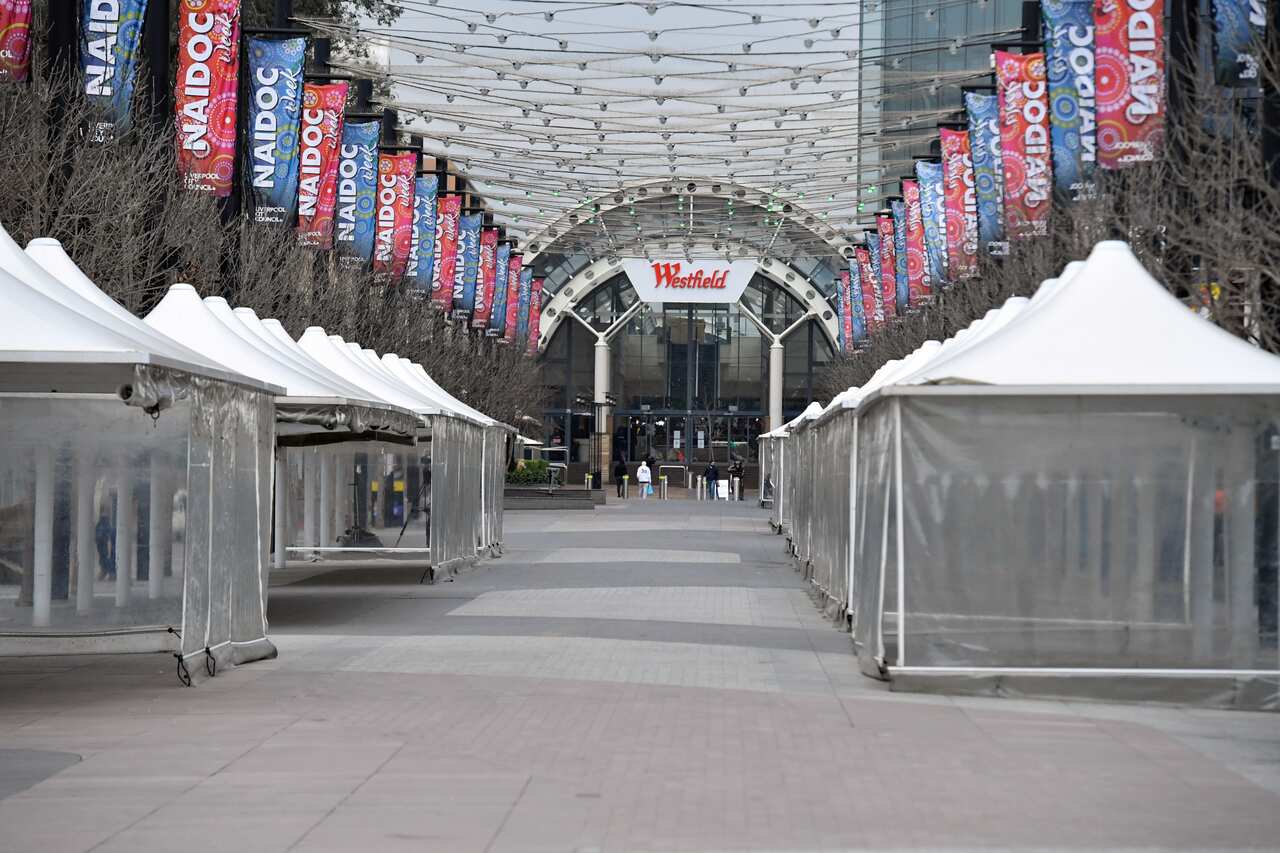 An empty plaza  is seen in the southwestern suburb of Liverpool in Sydney on Friday, 9 July, 2021. 