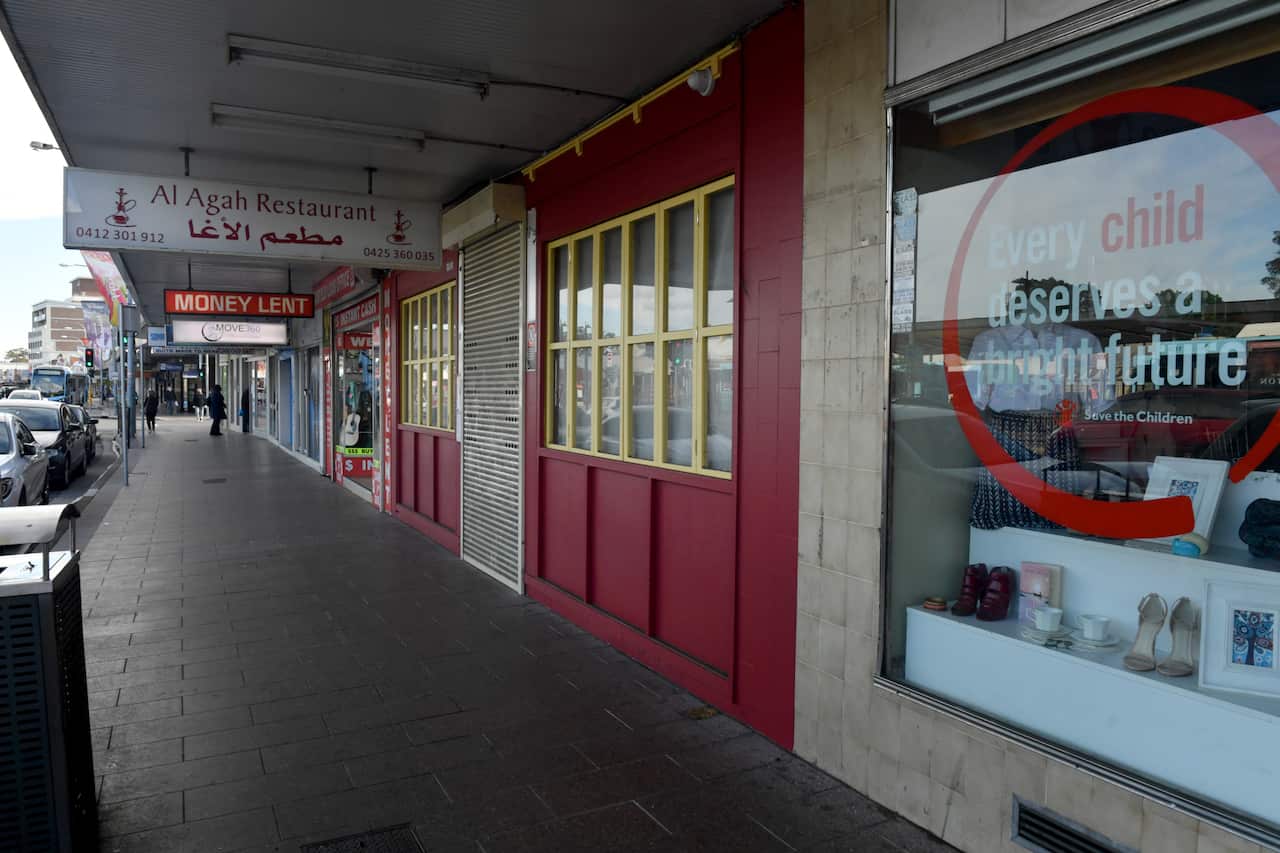 An empty street at Fairfield shopping district in Sydney