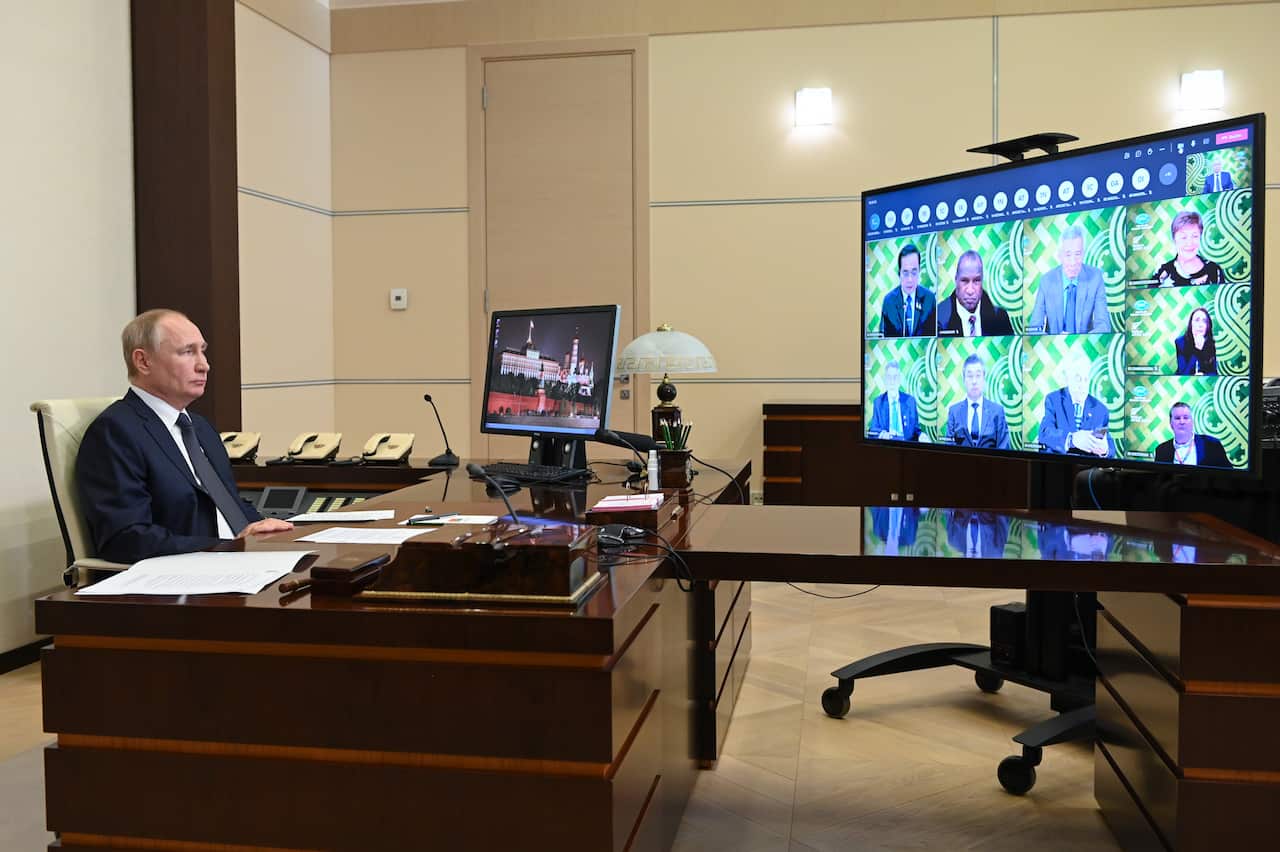 Russian President Vladimir Putin takes part in the informal APEC meeting via videoconference from the Novo-Ogaryovo residence.