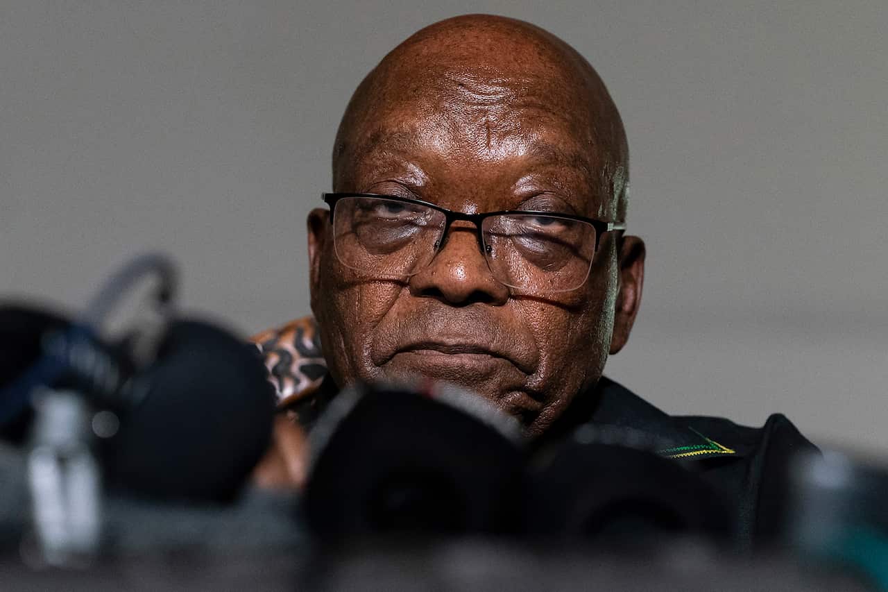 In this Sunday July 4, 2021 file photo, former Jacob Zuma addresses the press at his home