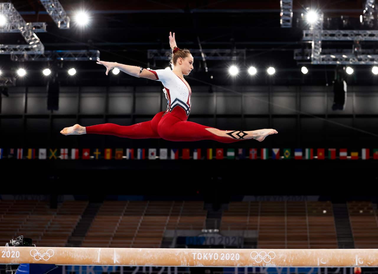 Sarah Voss of Germany competes on the balance beam during the women's qualification of the Tokyo 2020 artistic gymnastics events