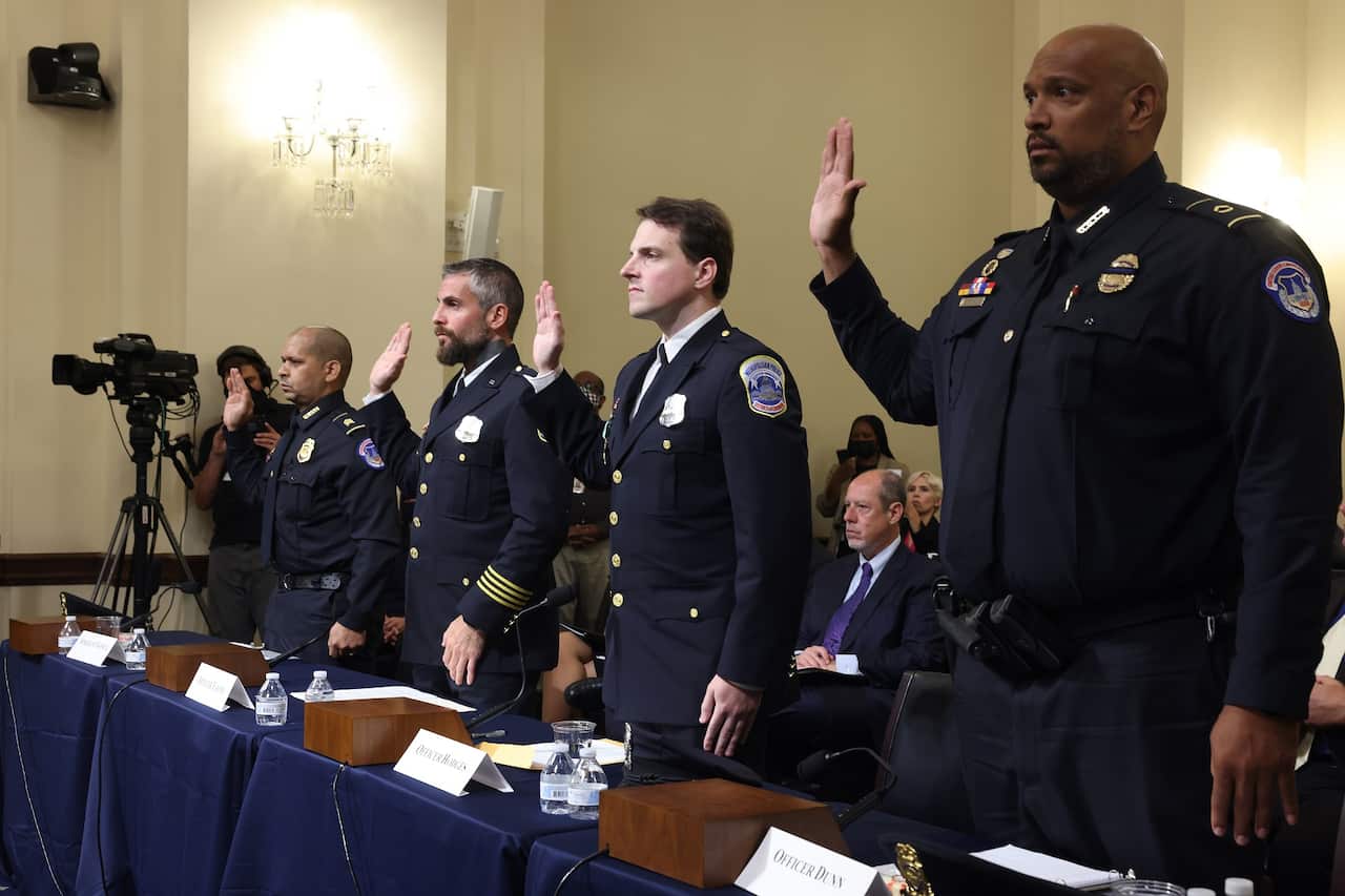 Sgt. Aquilino Gonell, Officer Michael Fatone, Officer Daniel Hodges and Private First Class Harry Dunn are sworn in to testify