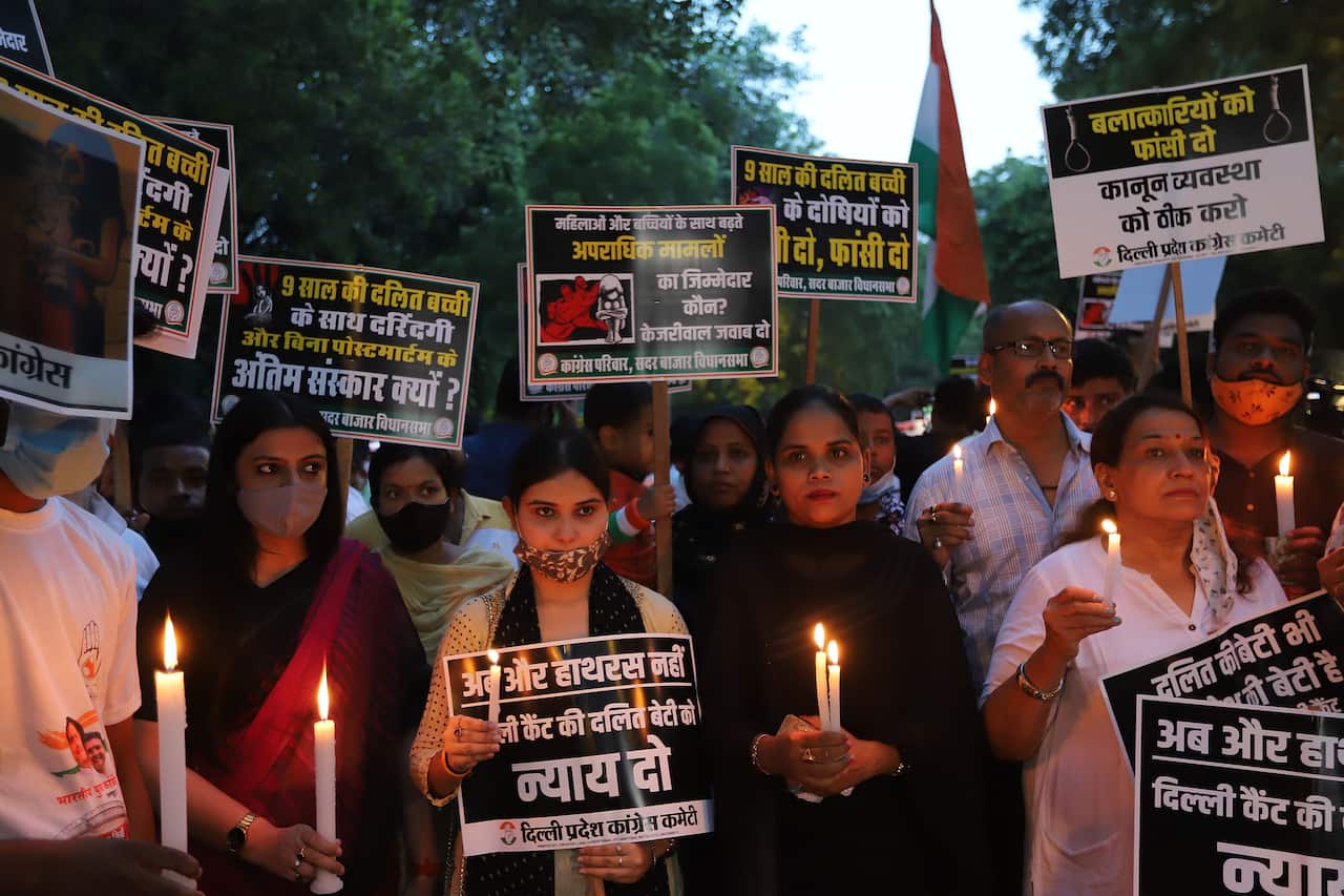Protesters in Delhi during a silent demonstration against leaders’ silence on the issue of the alleged rape and murder