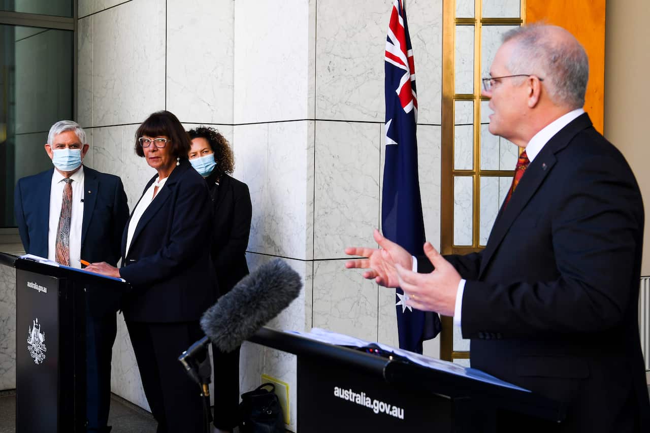 Prime Minister Scott Morrison and Coalition of Peaks head Pat Turner at a press conference in Parliament House. 