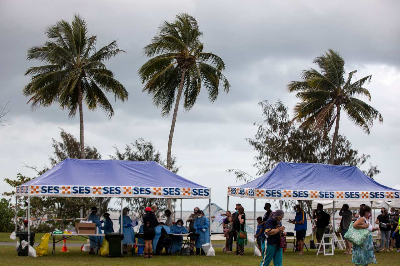 A Covid-19 testing station is set up on the Cairns Esplanade in front of Cairns Base Hospital Sunday, 8 August, 2021. 