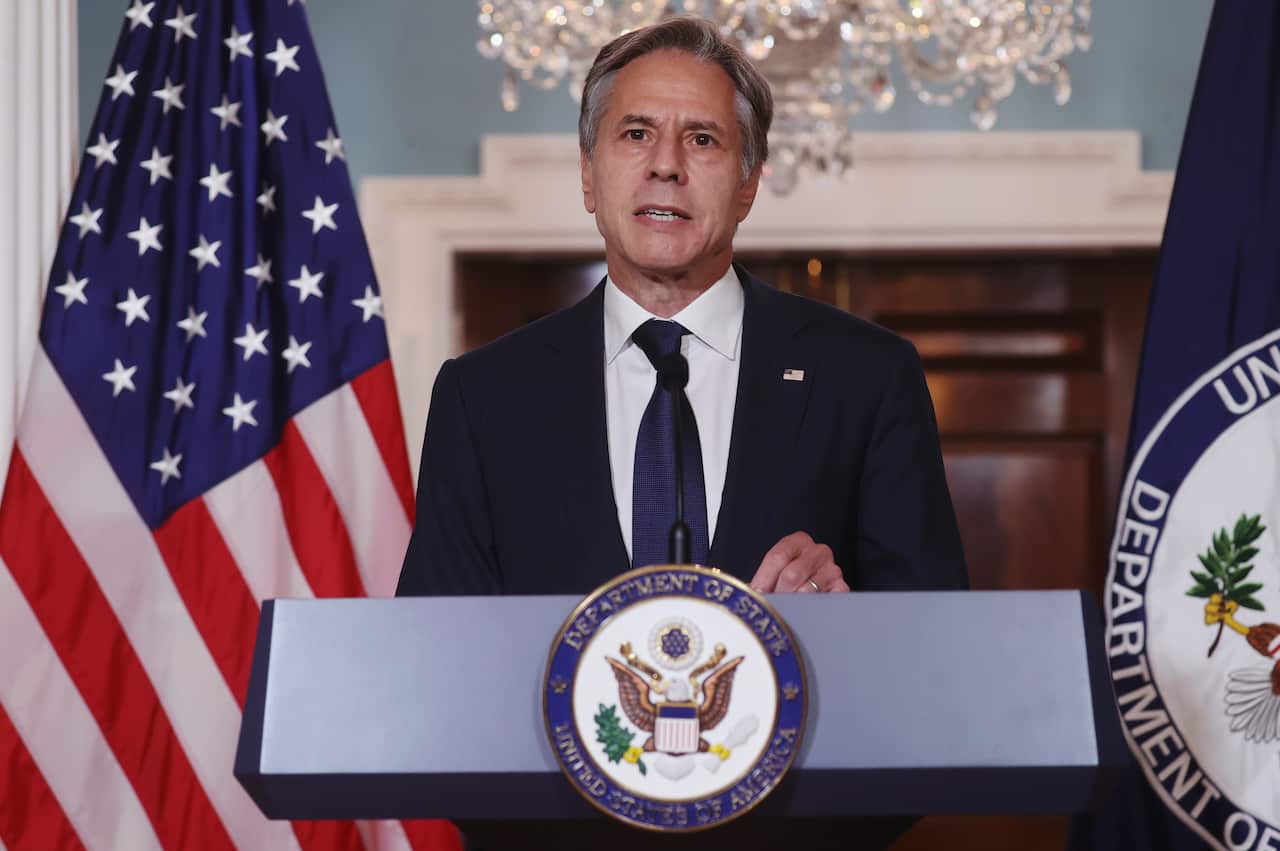 Secretary of State Antony Blinken speaks about Afghanistan, at the State Department in Washington, Monday, Aug. 30, 2021. (Jonathan Ernst/Pool via AP)