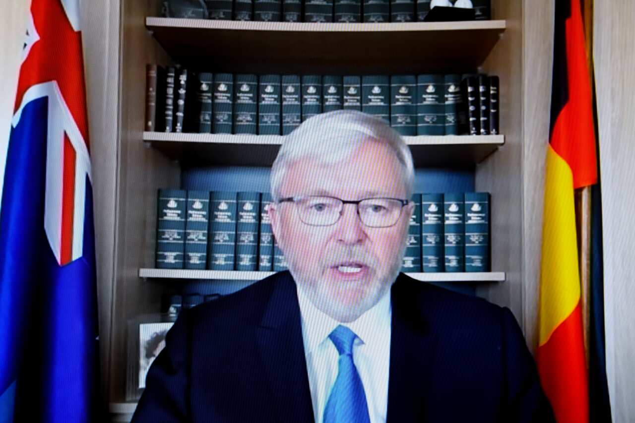 Former Australian Prime Minister Kevin Rudd appears via video link during a Senate inquiry at Parliament House in Canberra, Monday, September 06, 2021.