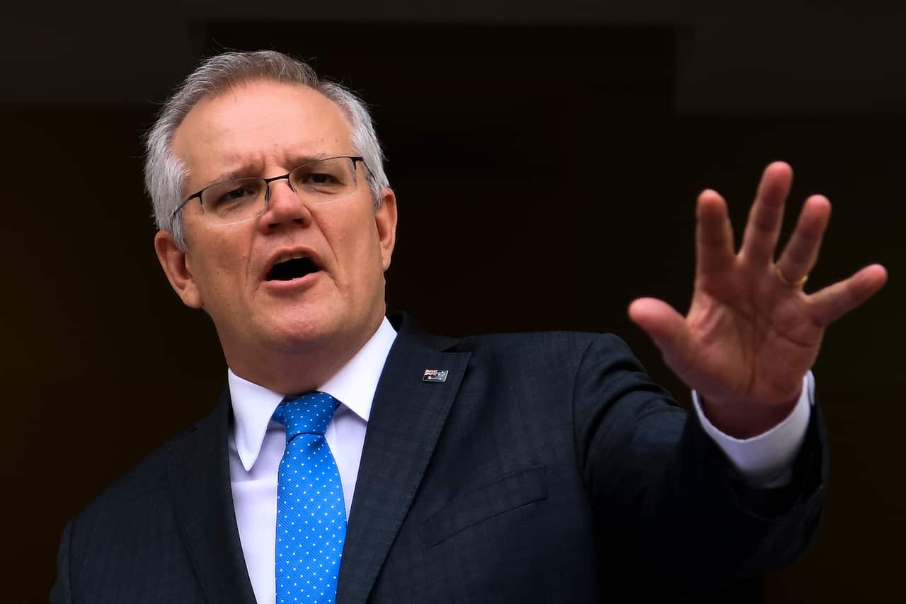 Prime Minister Scott Morrison speaks to the media during a press conference at Parliament House in Canberra.