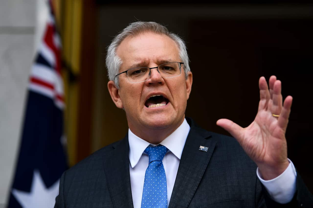 Prime Minister Scott Morrison speaks to the media during a press conference at Parliament House in Canberra.