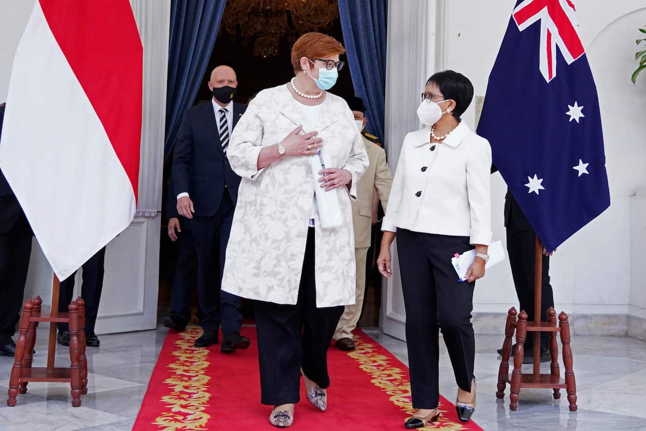 Australian Defence Minister Peter Dutton and Foreign Minister Marise Payne with their Indonesian counterparts Retno Marsudi, right, and Prabowo Subianto. 