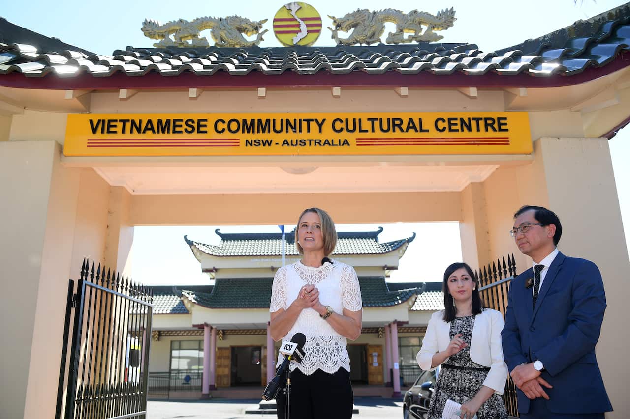 Labor Senator Kristina Keneally along with President of the Vietnamese Community in Australia (VCA)  Paul Nguyen, and Fairfield Councillor Sera Yilmaz (second right) during a press conference at The Vietnamese Community Cultural Centre in Sydney.