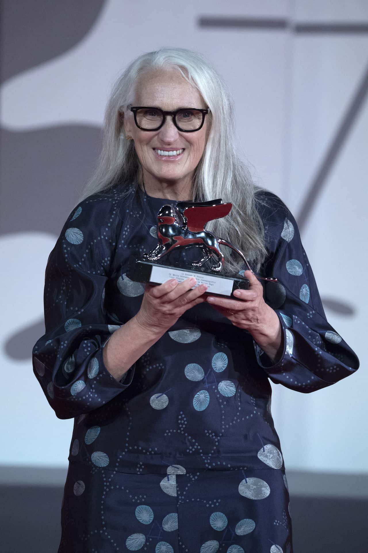 Director Jane Campion poses with the Silver Lion for Best Director for The Power Of The Dog during the Winners Red Carpet as part of the 78th Venice International Film Festival in Venice, Italy.