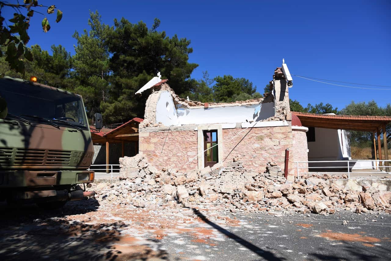 A damaged Greek Orthodox chapel after a strong earthquake in Arcalochori village on the southern island of Crete, Greece, Monday, Sept. 27, 2021.