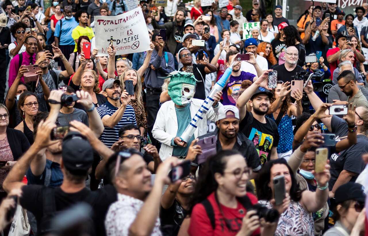 A rally against COVID-19 vaccine mandates, including the state-wide mandates for healthcare workers, in New York City, 27 September 2021