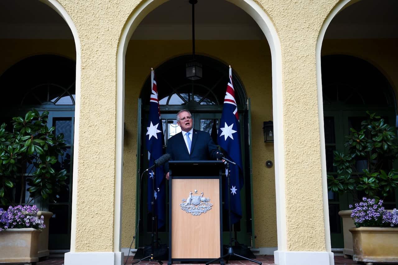 Australian Prime Minister Scott Morrison speaks to the media during a press conference at the Lodge in Canberra, Friday, October 1, 2021. (AAP Image/Lukas Coch) NO ARCHIVING