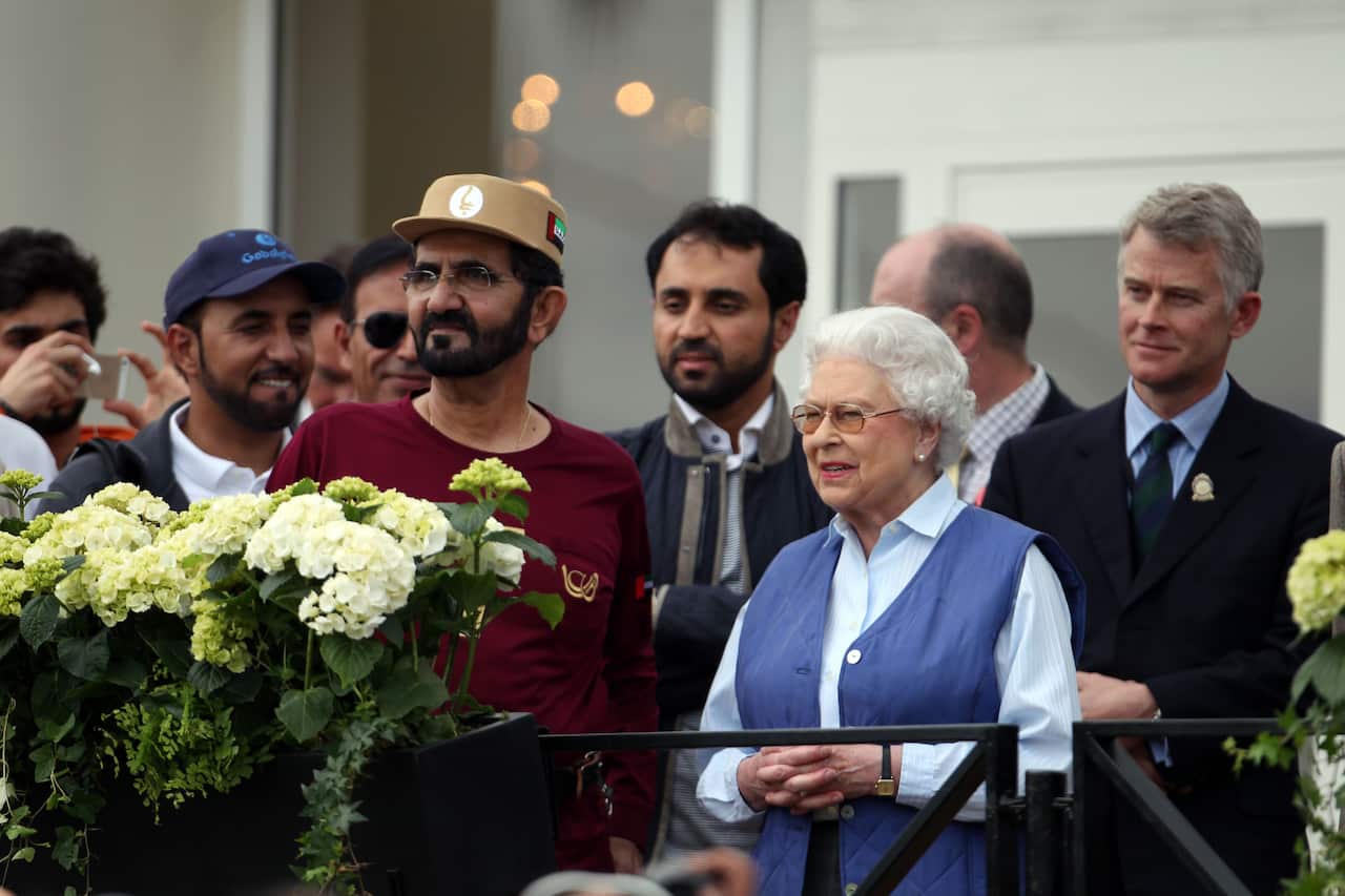 Sheikh Mohammed Al Maktoum meets Queen Elizabeth II at the finish of the Royal Windsor Endurance at the Royal Windsor Horse Show at Windsor Castle, London.