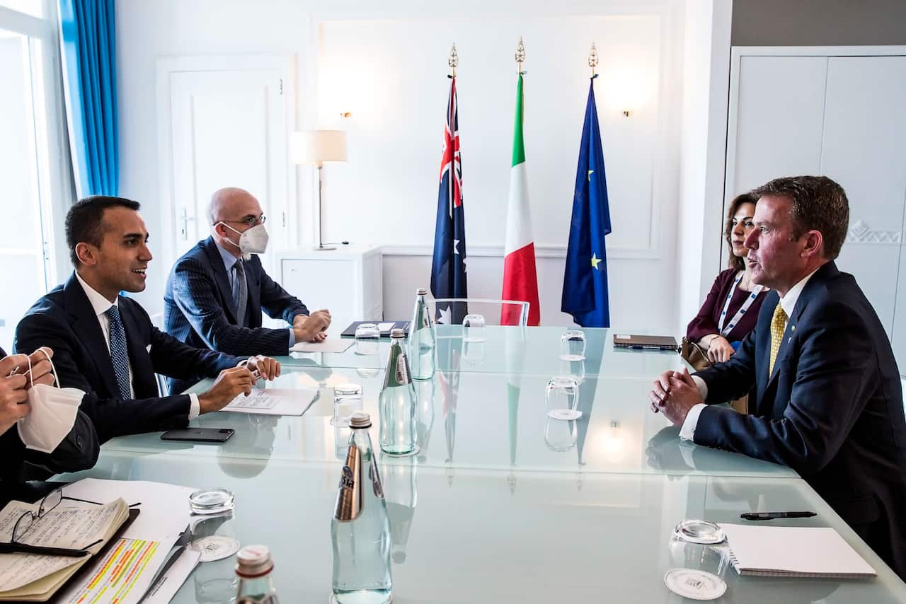 Italian Minister of Foreign Affairs Luigi Di Maio (L) meets with Trade Minister Dan Tehan (R).