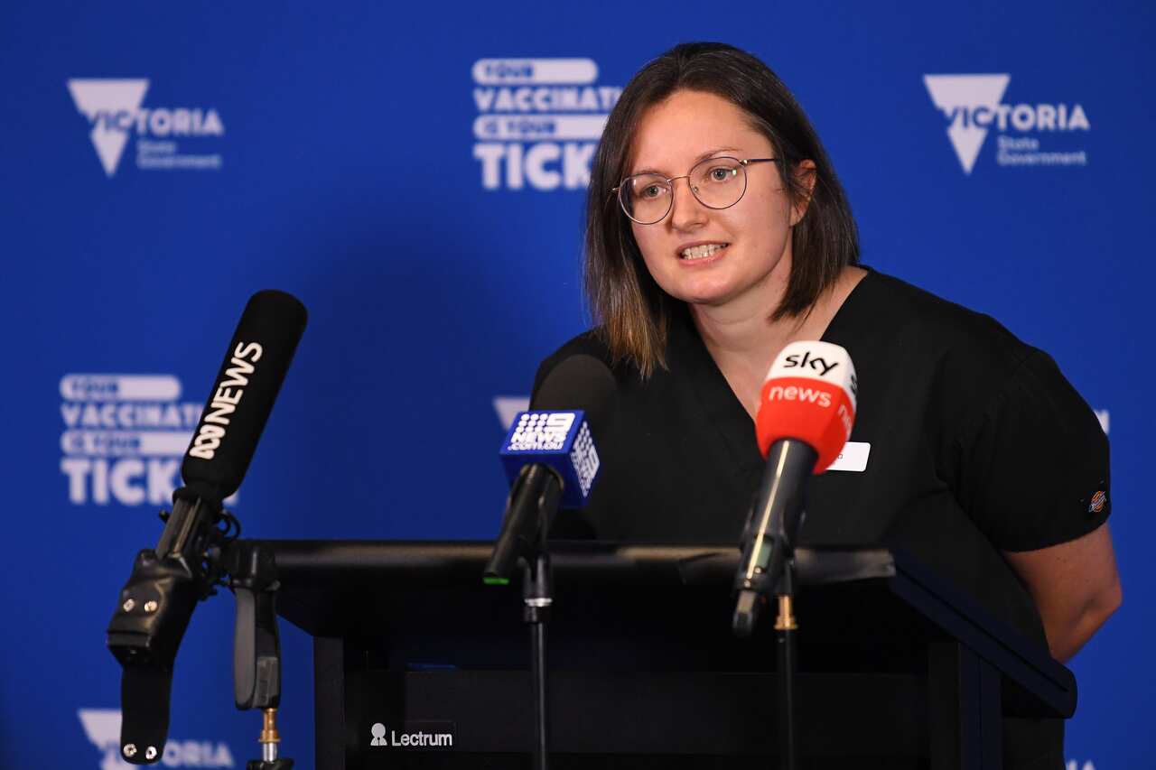 British Doctor Laura Carter speaks on during a press conference in Melbourne, Tuesday, October 12, 2021. (AAP Image/James Ross) NO ARCHIVING