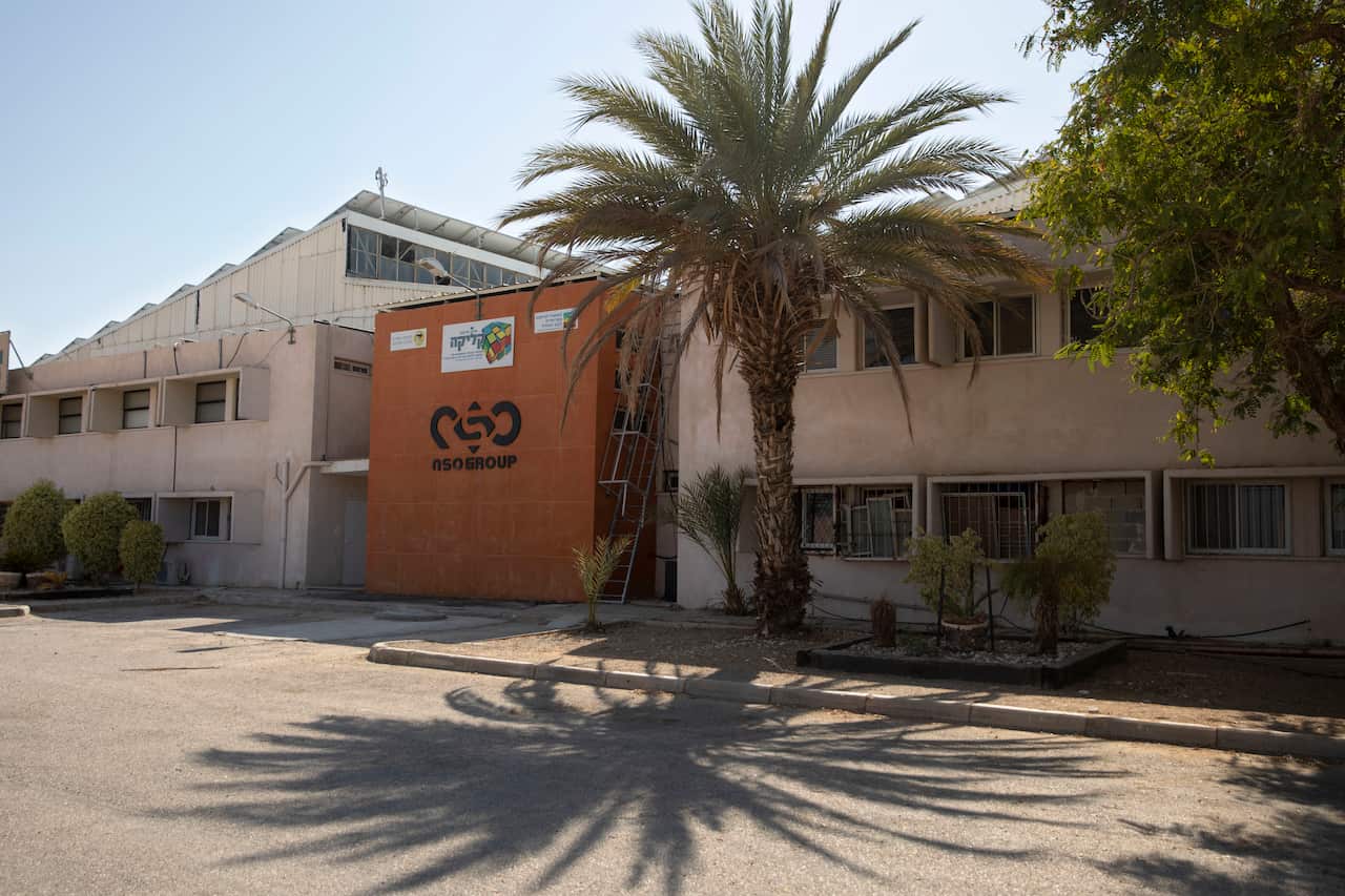 A logo adorns a wall on a branch of the Israeli NSO Group company, near the southern Israeli town of Sapir