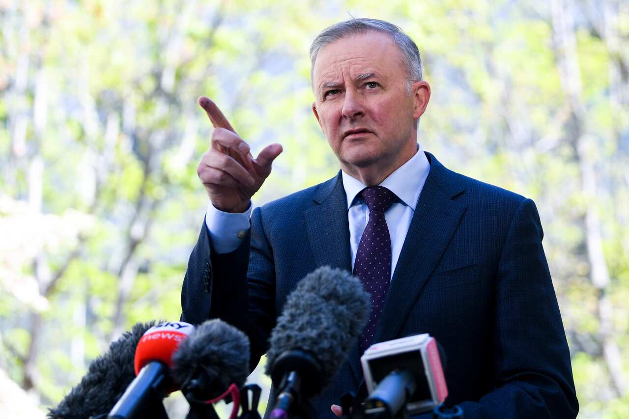 Opposition Leader Anthony Albanese speaks to the media during a press conference at Parliament House in Canberra.